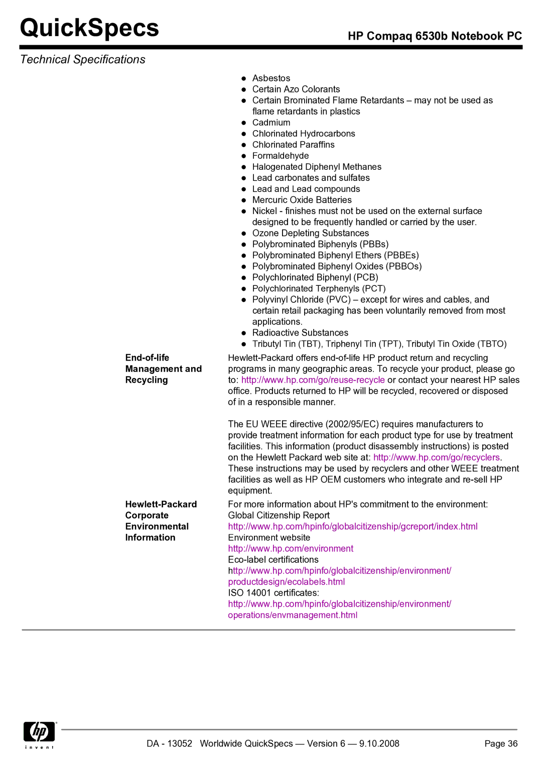 HP 6530b manual End-of-life, Management, Recycling, Hewlett-Packard, Corporate, Environmental Information 