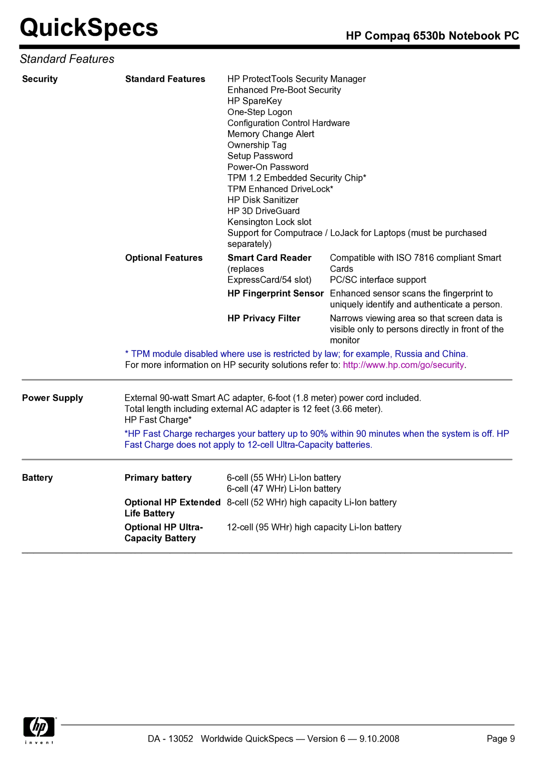 HP 6530b manual Security Standard Features, Optional Features Smart Card Reader, HP Privacy Filter, Power Supply 