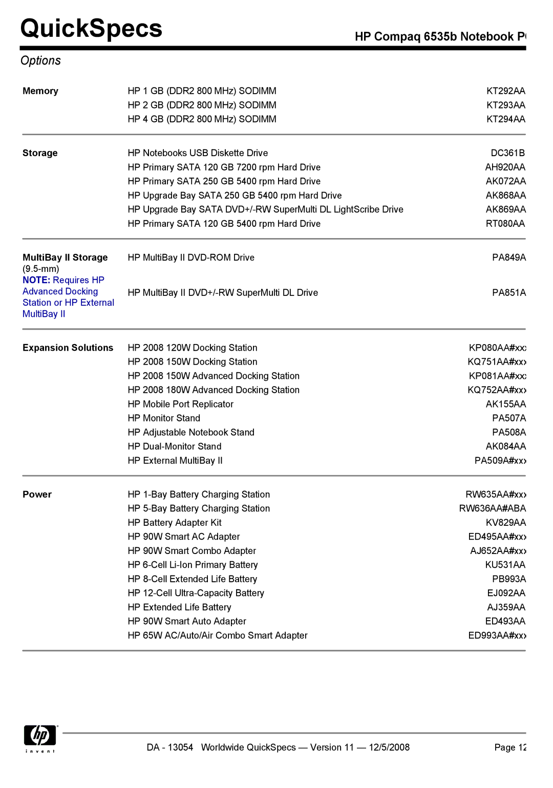 HP 6535b manual Options 