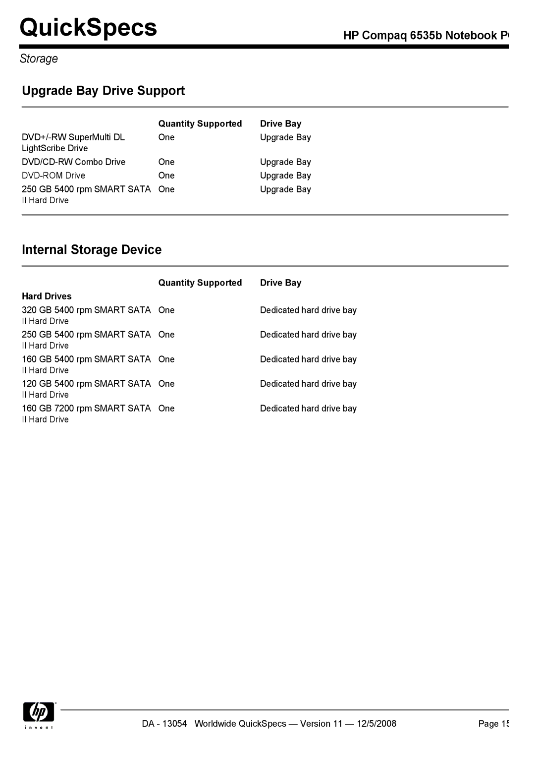 HP 6535b manual Storage, Quantity Supported Drive Bay Hard Drives 