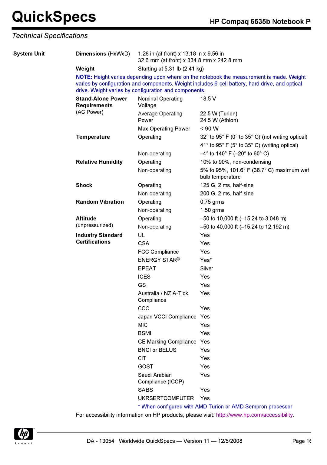 HP 6535b manual Technical Specifications 