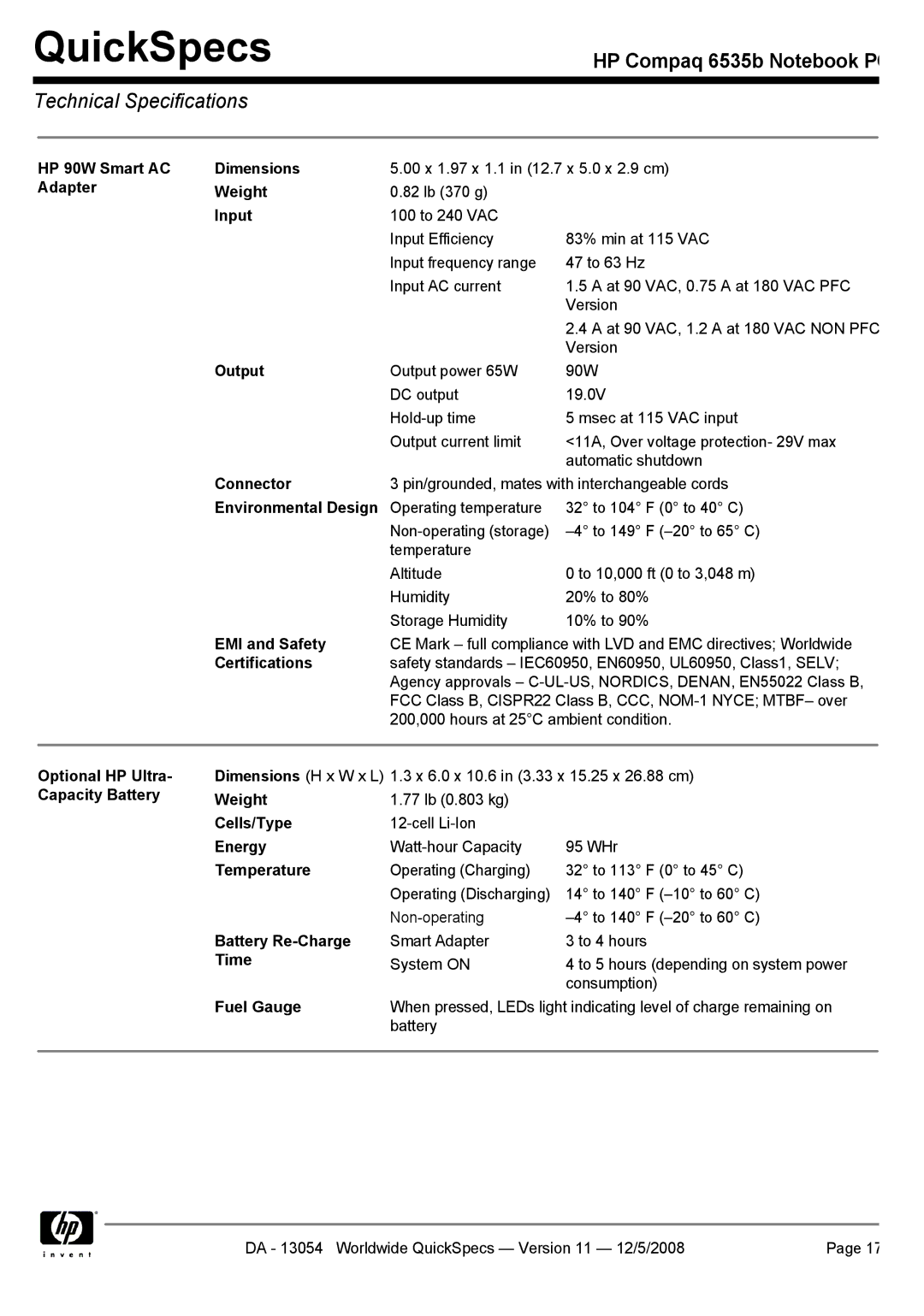 HP 6535b HP 90W Smart AC Dimensions, Adapter Weight, Input, Output, Connector, Environmental Design, EMI and Safety, Time 