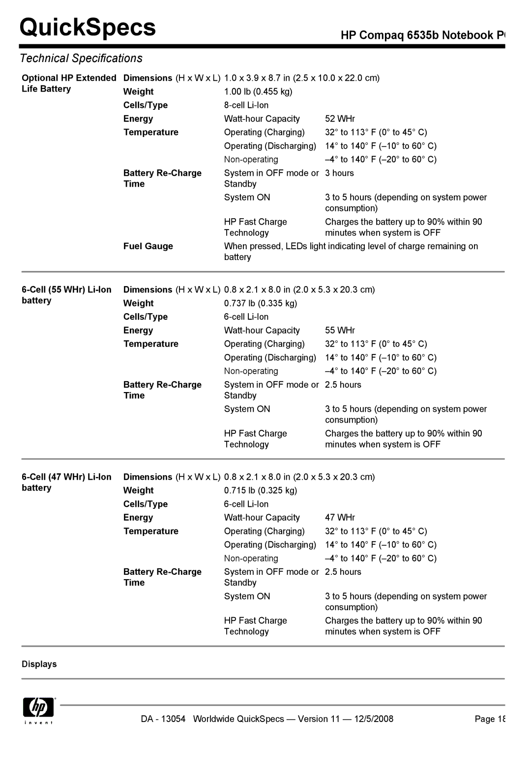 HP 6535b manual Life Battery Weight, Cell 55 WHr Li-Ion, Cell 47 WHr Li-Ion, Displays 
