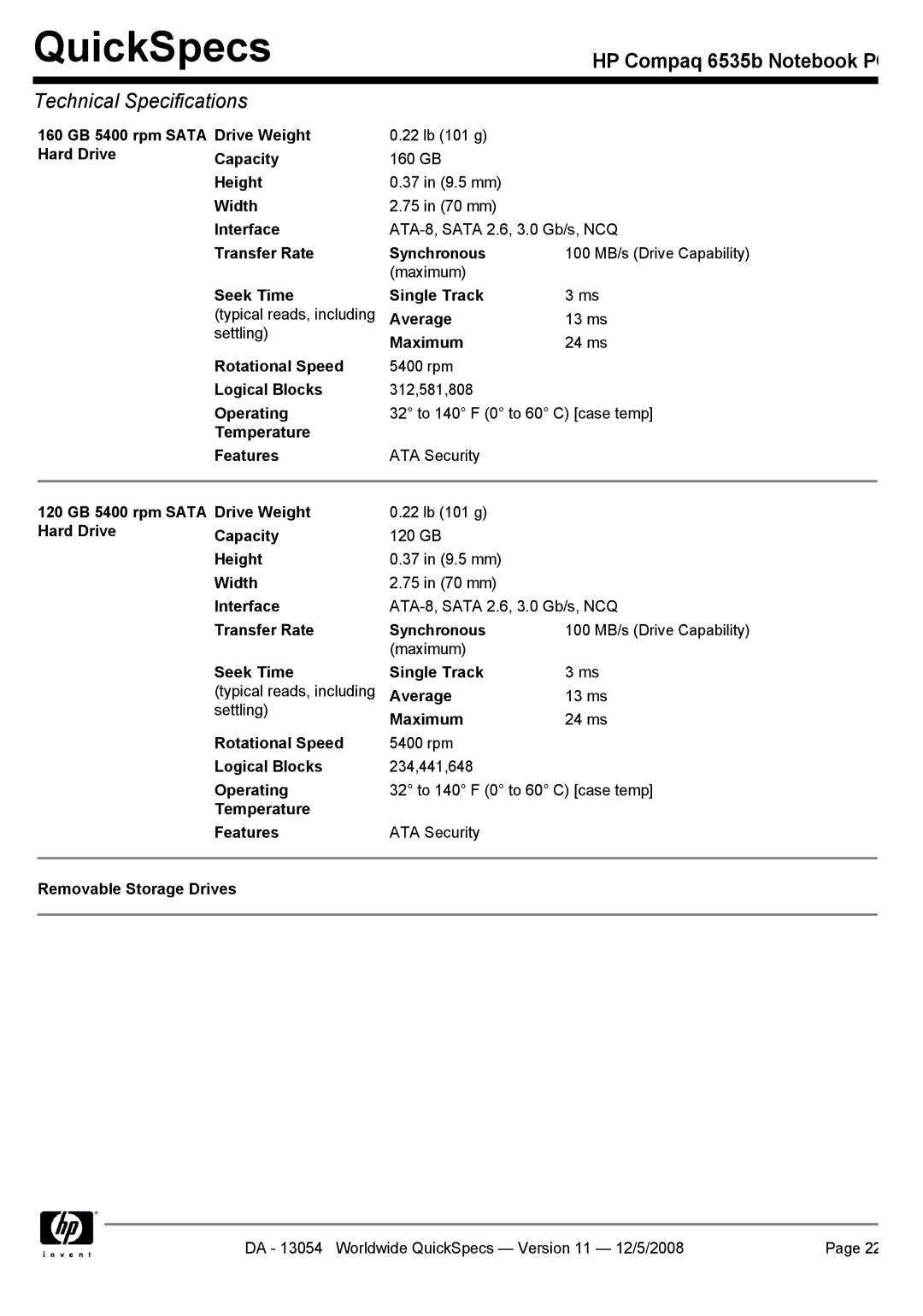 HP 6535b manual 160 GB 5400 rpm Sata Hard Drive Drive Weight, 120 GB 5400 rpm Sata Hard Drive Drive Weight 