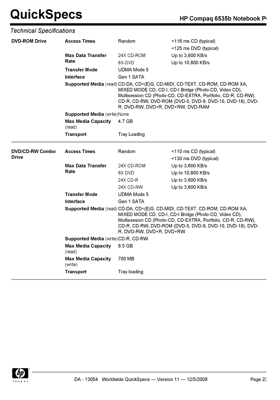 HP 6535b DVD-ROM Drive Access Times, Max Data Transfer, Rate, Transfer Mode, Supported Media writeNone Max Media Capacity 