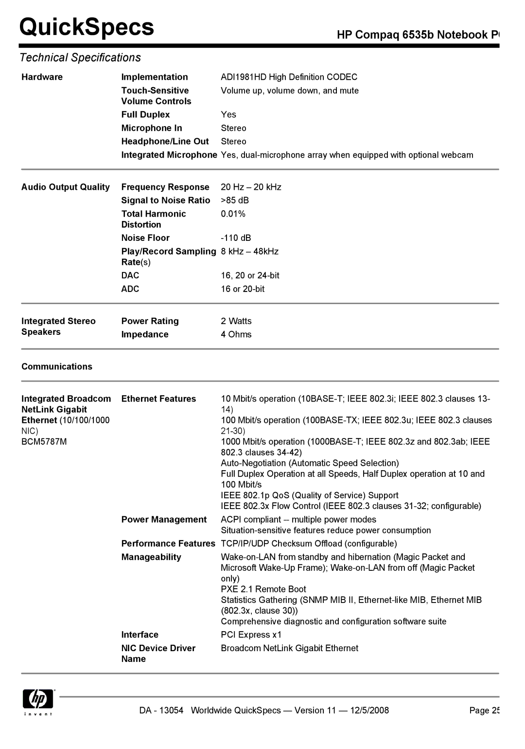 HP 6535b Hardware Implementation, Volume Controls Full Duplex, Microphone, Headphone/Line Out, Signal to Noise Ratio, Name 