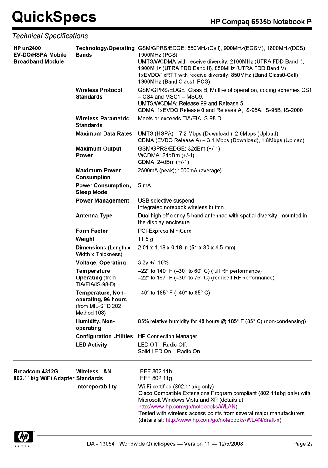 HP 6535b manual HP un2400 Technology/Operating, EV-DO/HSPA Mobile Bands, Wireless Protocol, Standards, Wireless Parametric 