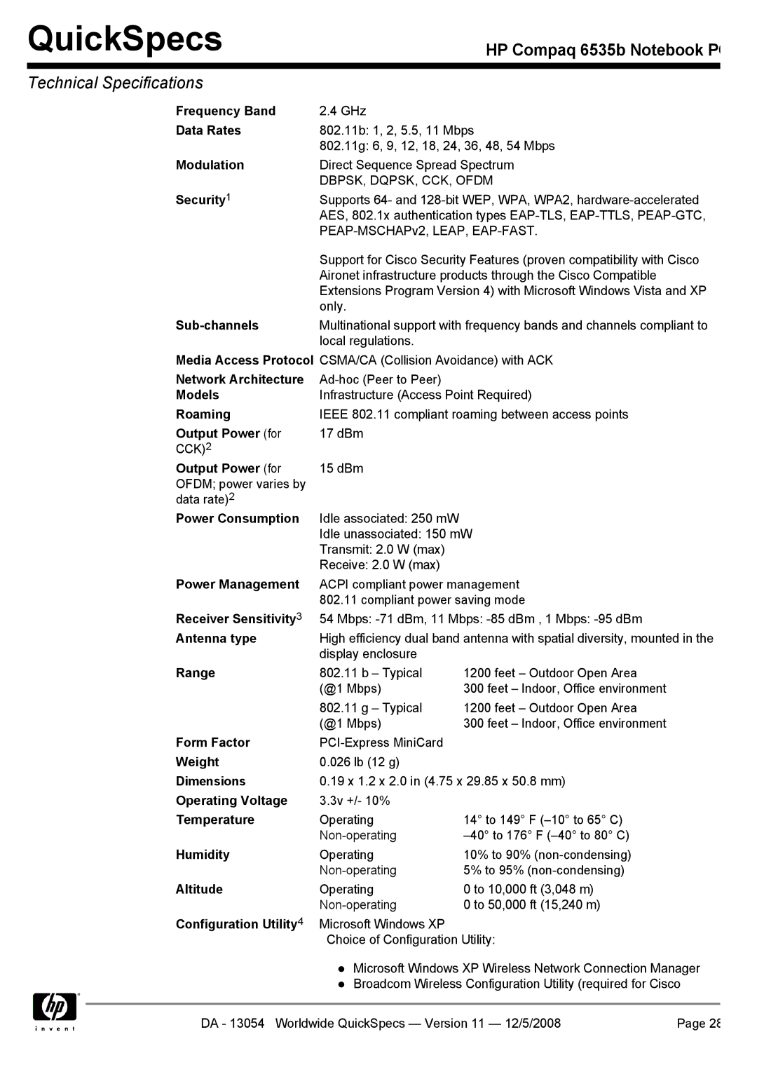 HP 6535b Frequency Band, Data Rates, Modulation, Sub-channels, Network Architecture, Models, Roaming, Output Power for 