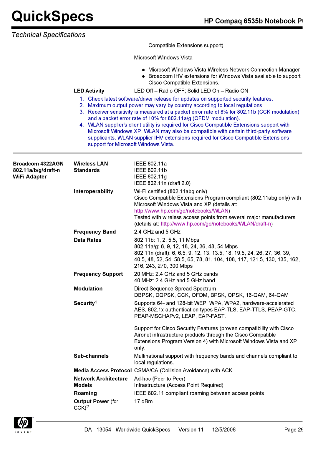 HP 6535b manual LED Activity LED Off Radio OFF Solid LED On Radio on, Broadcom 4322AGN Wireless LAN, WiFi Adapter 