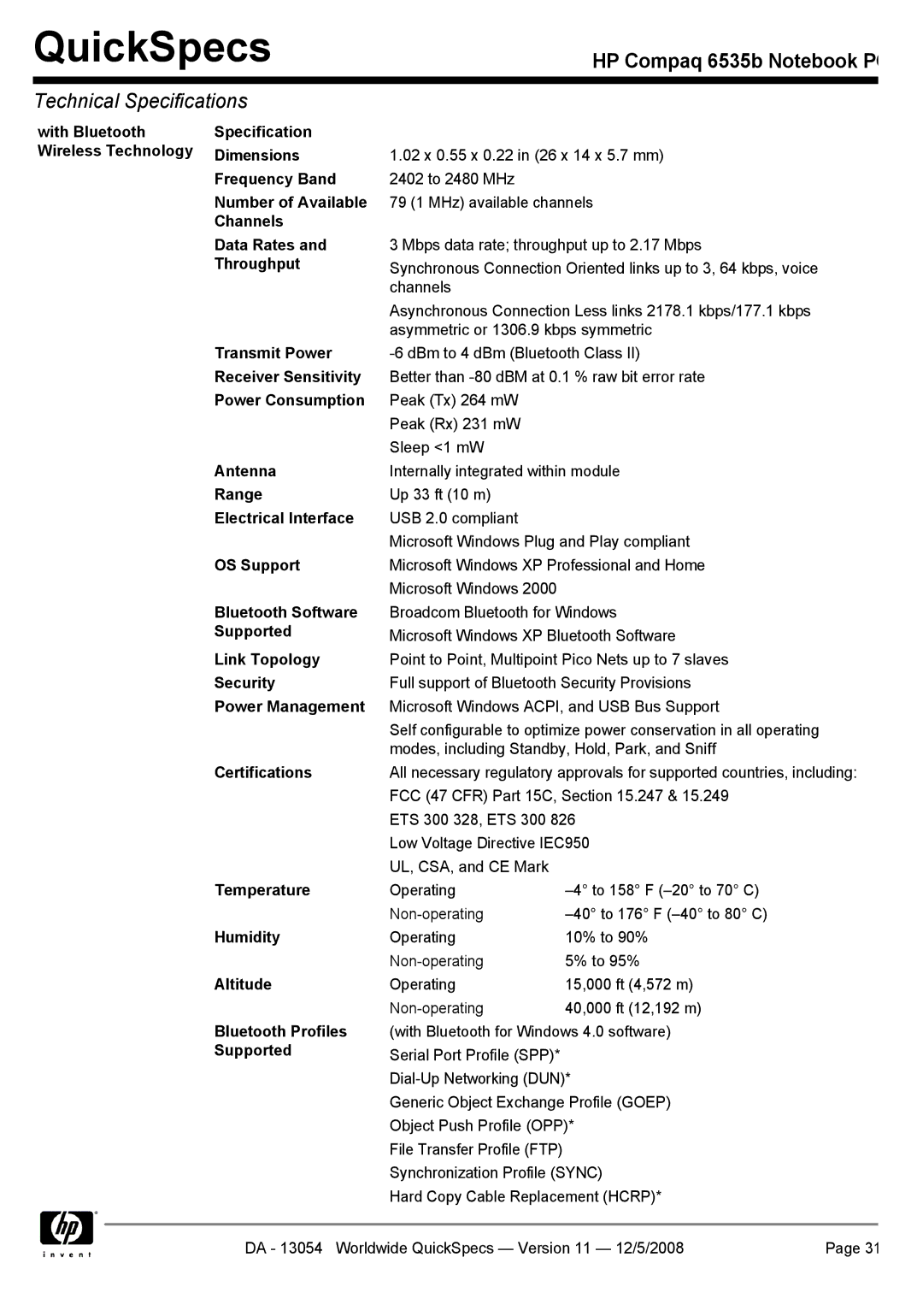 HP 6535b With Bluetooth Wireless Technology Specification Dimensions, Number of Available, Channels Data Rates, Throughput 