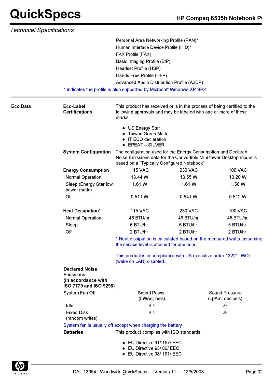 HP 6535b manual Eco Data Eco-Label, Energy Consumption, Heat Dissipation, Batteries 