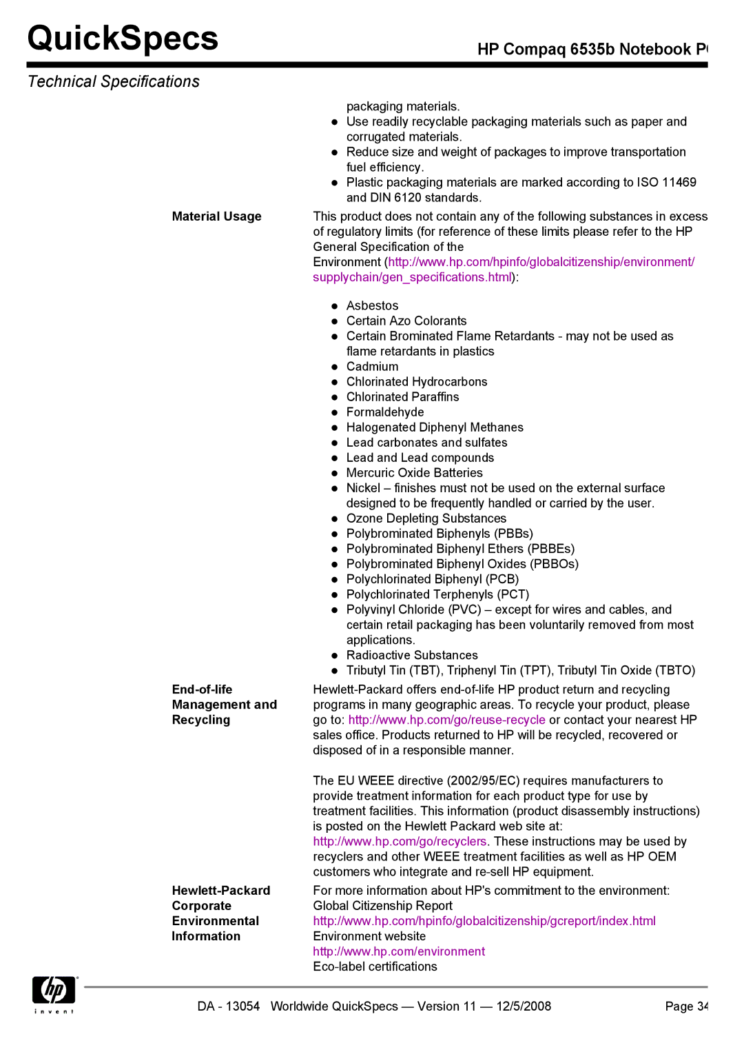 HP 6535b manual Material Usage, End-of-life, Management, Recycling, Hewlett-Packard, Corporate, Environmental Information 