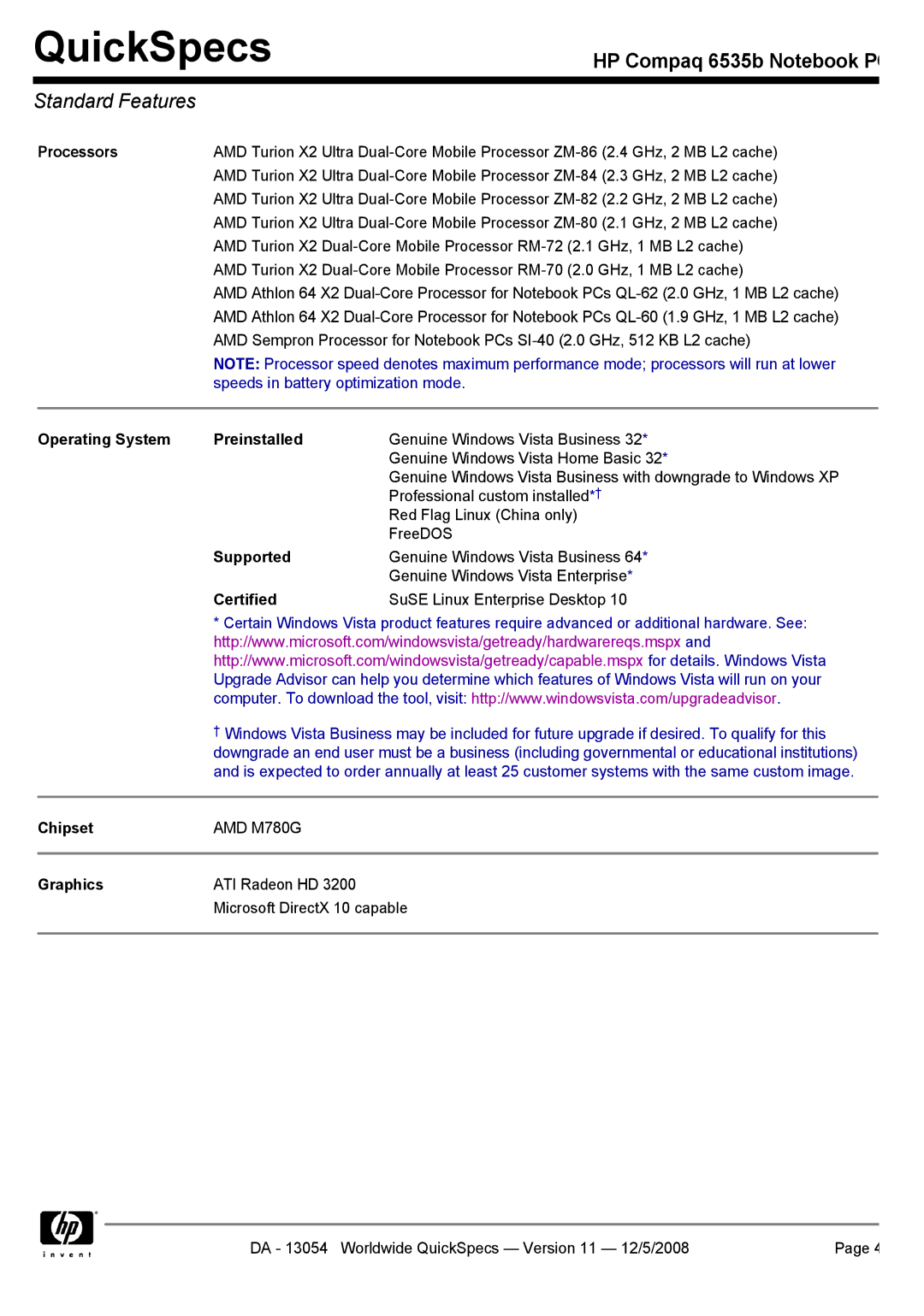 HP 6535b manual Standard Features, Processors 