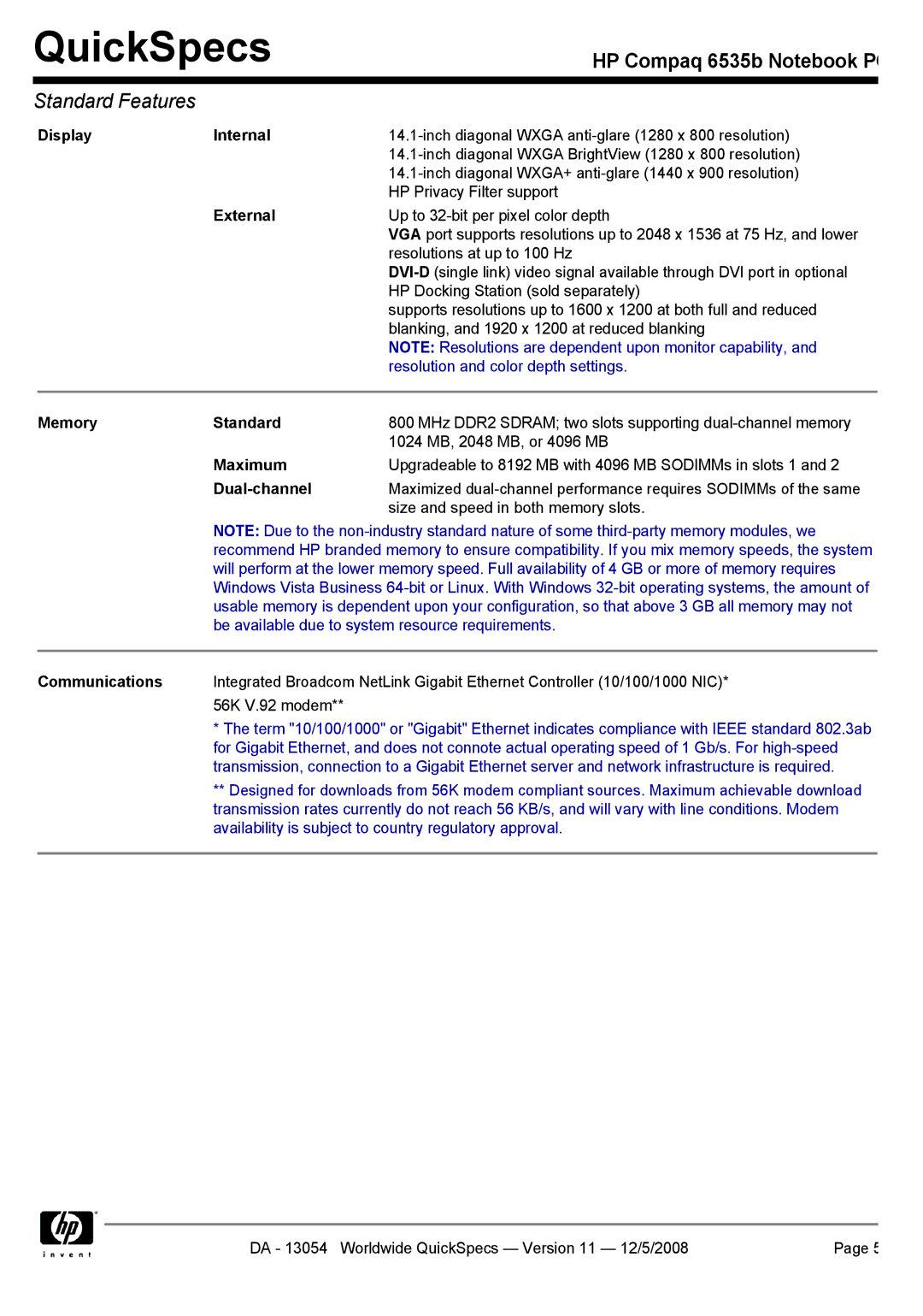 HP 6535b manual Display Internal, External, Memory Standard, Maximum, Dual-channel, Communications 