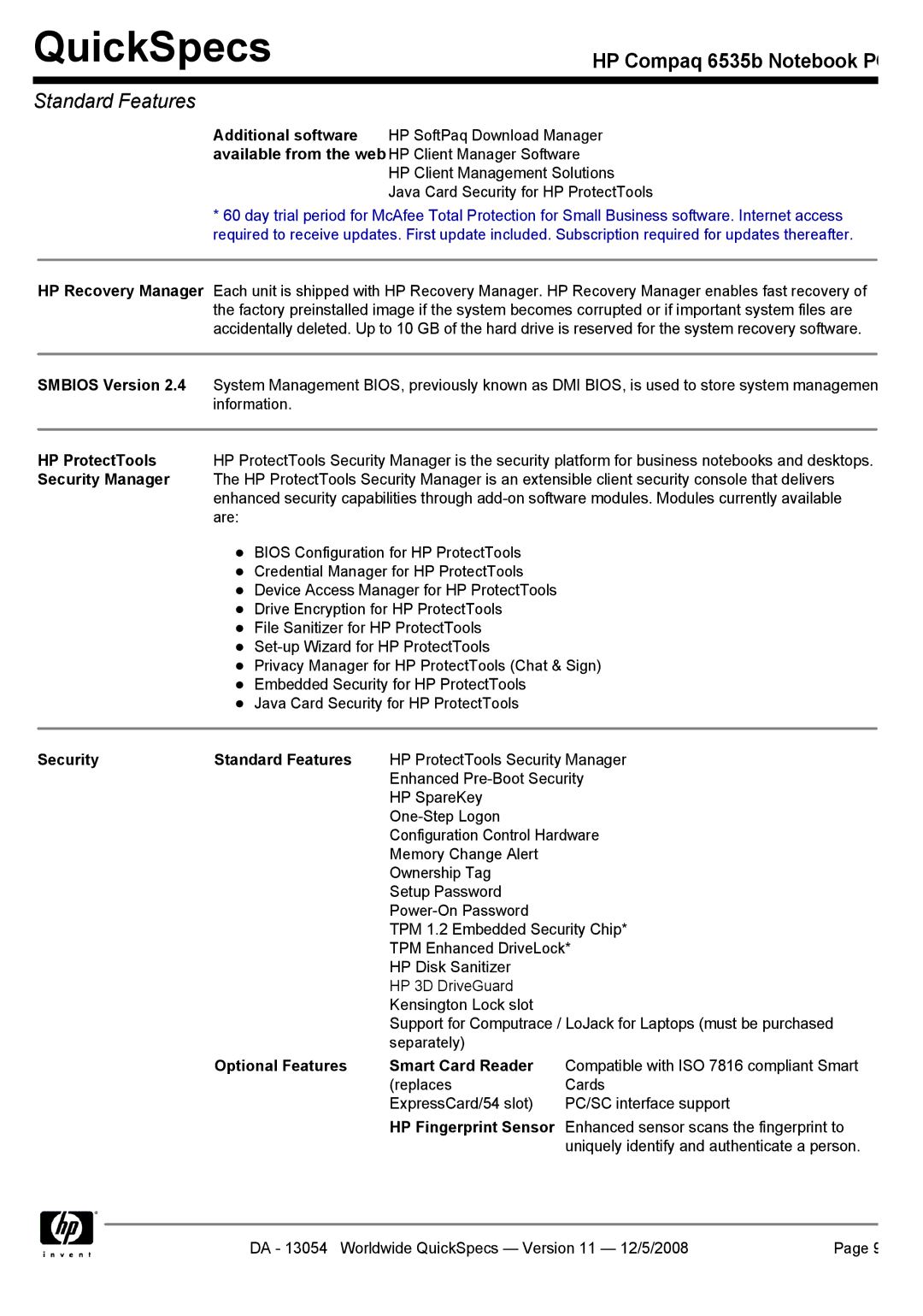 HP 6535b manual Smbios Version, HP ProtectTools, Security Manager, Security Standard Features 