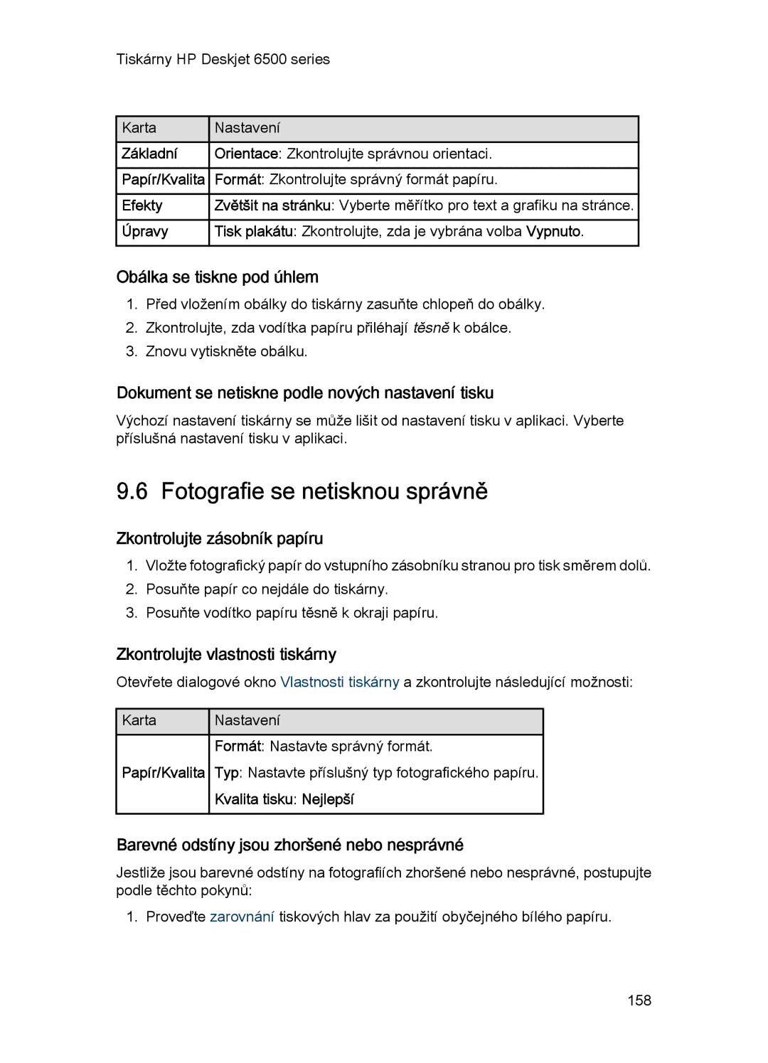 HP 6540-50 manual Fotografie se netisknou správně 