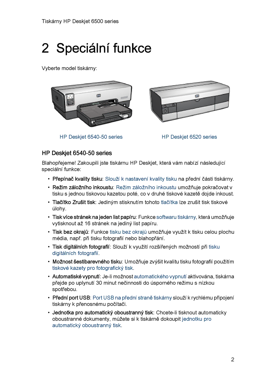 HP manual Speciální funkce, HP Deskjet 6540-50 series 