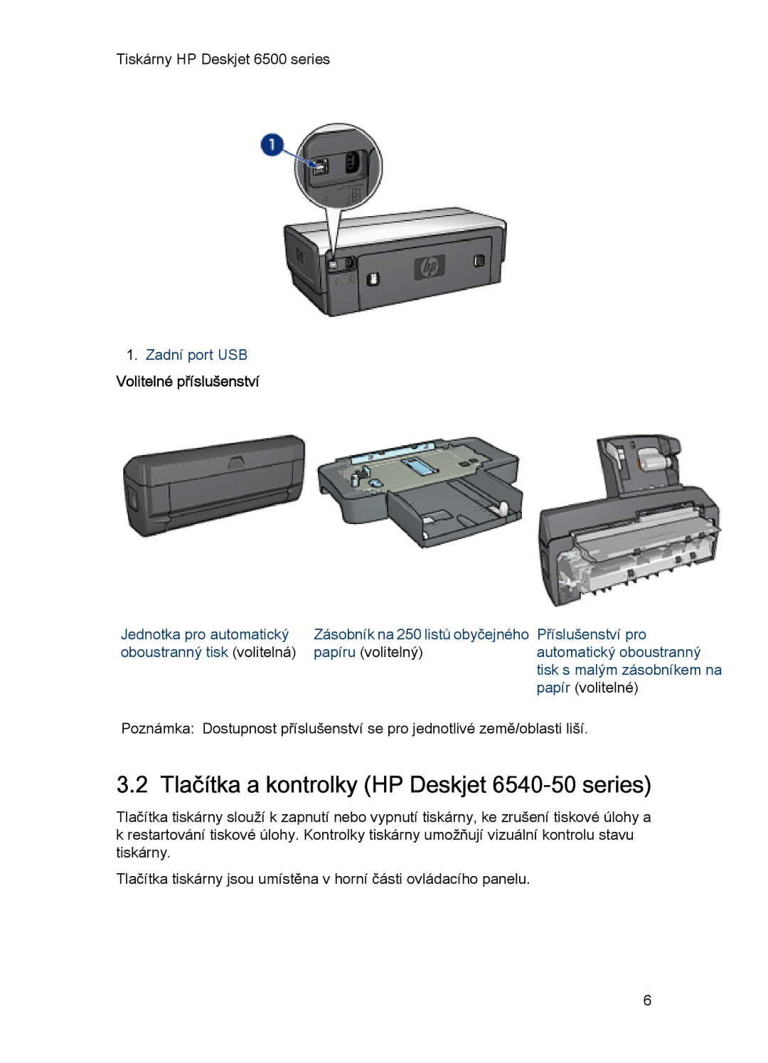 HP manual Tlačítka a kontrolky HP Deskjet 6540-50 series, Volitelné příslušenství 