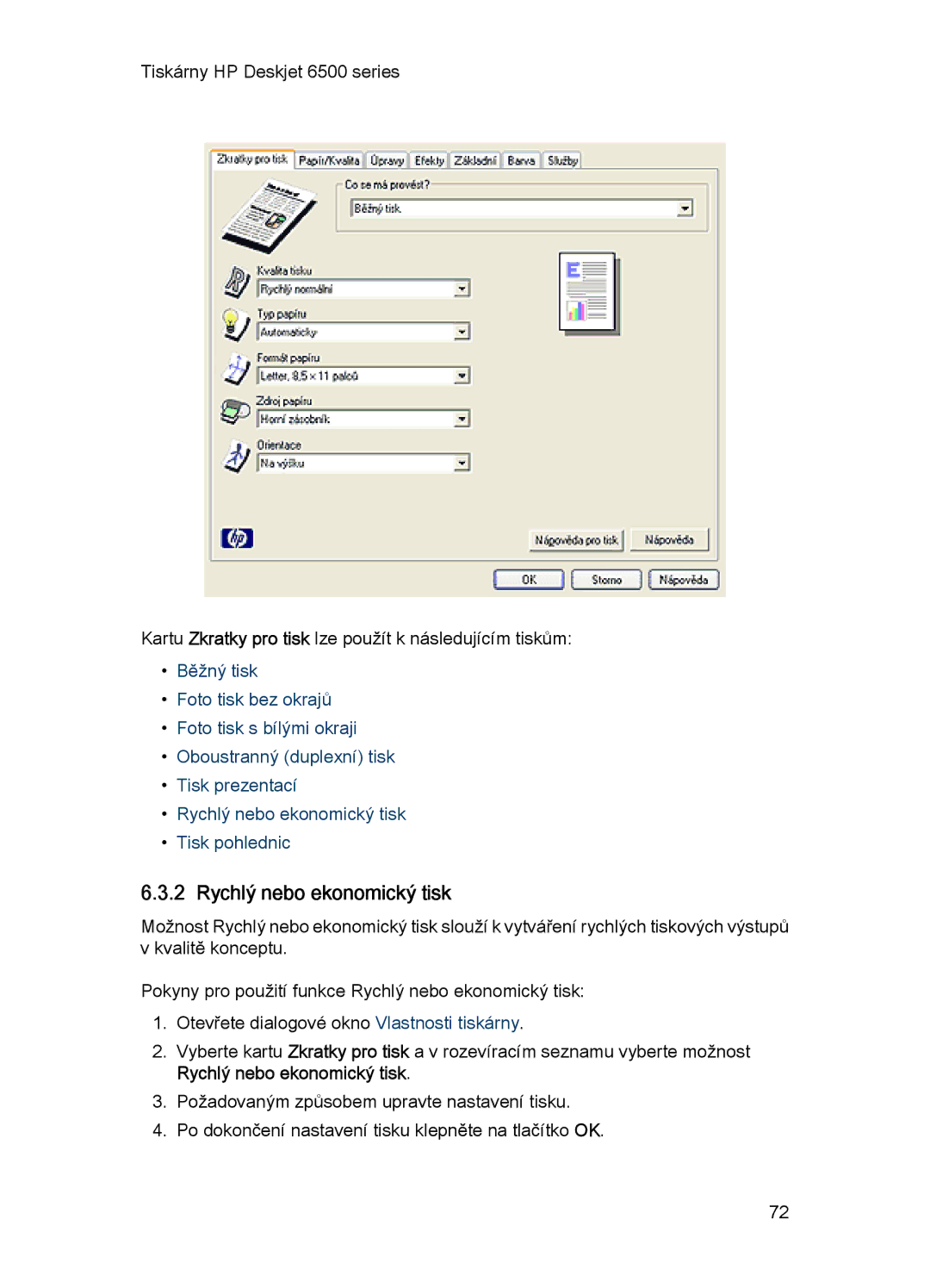 HP 6540-50 manual Rychlý nebo ekonomický tisk 