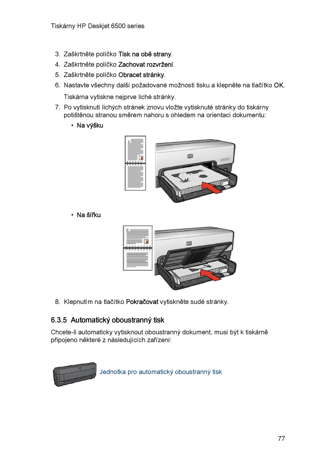 HP 6540-50 manual Automatický oboustranný tisk, Na výšku Na šířku 