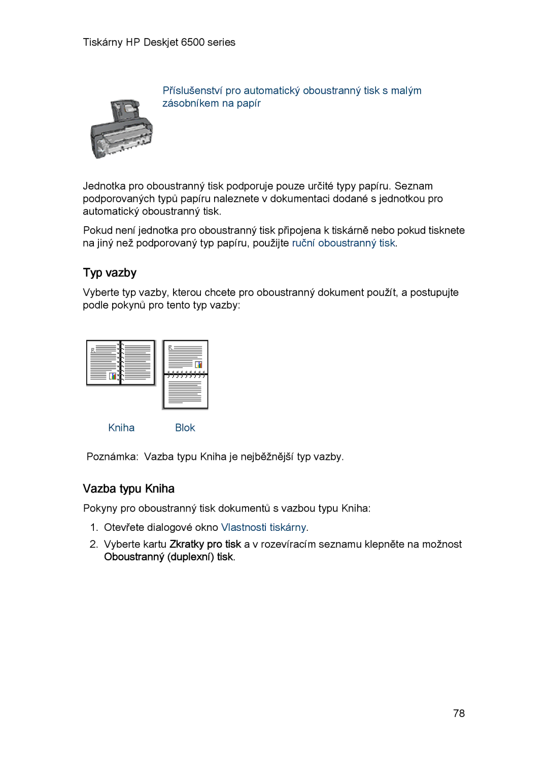 HP 6540-50 manual Typ vazby, Oboustranný duplexní tisk 