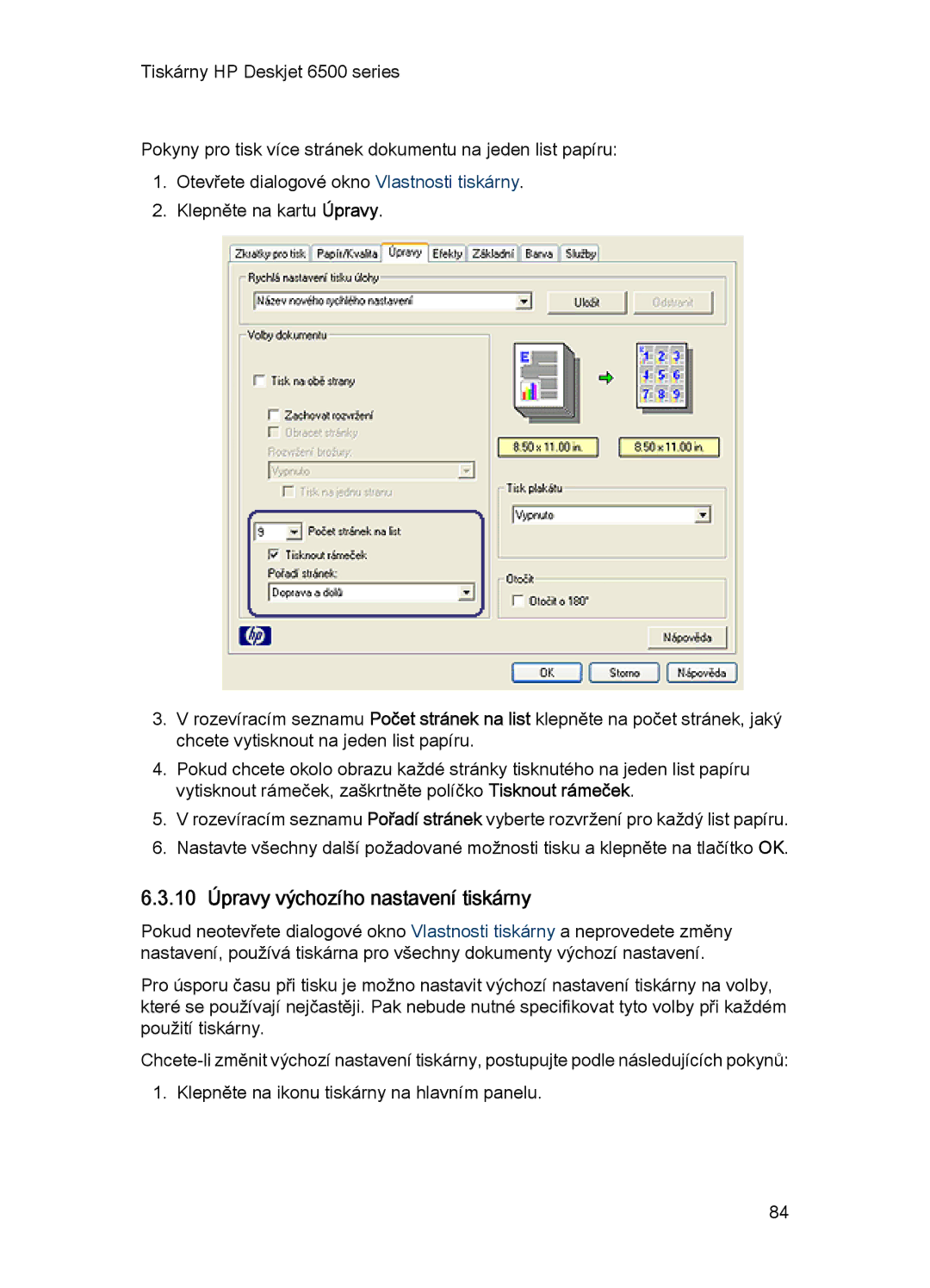 HP 6540-50 manual 10 Úpravy výchozího nastavení tiskárny 