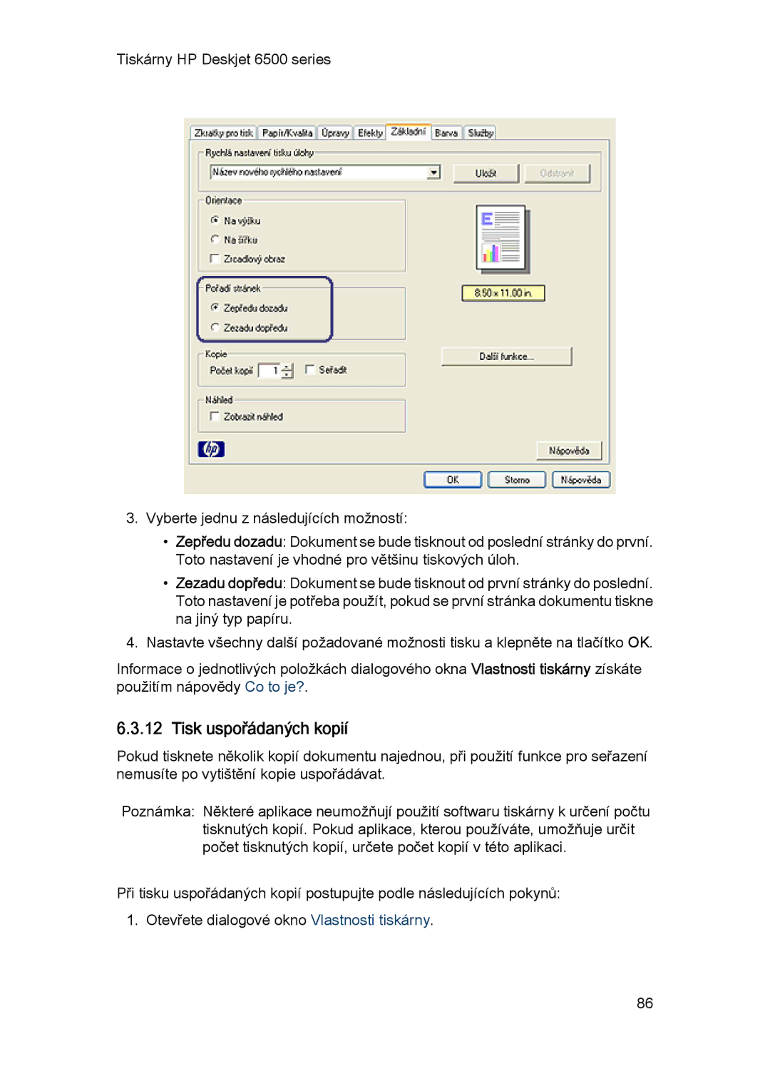 HP 6540-50 manual Tisk uspořádaných kopií 