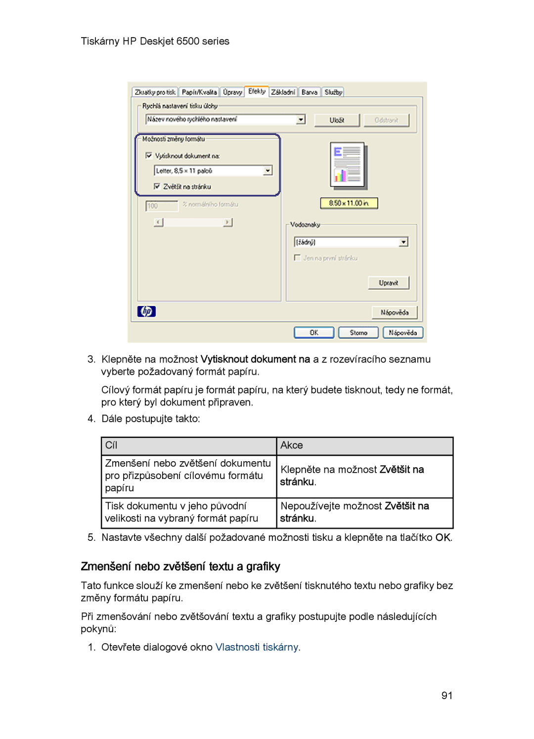 HP 6540-50 manual Zmenšení nebo zvětšení textu a grafiky 