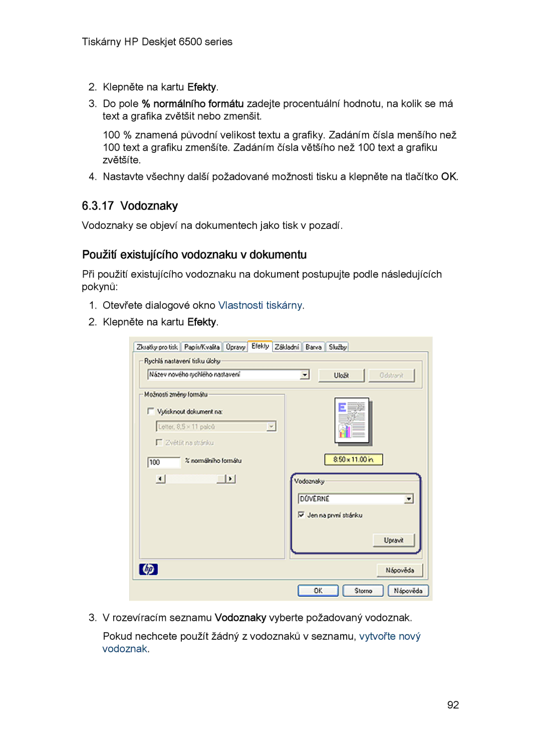 HP 6540-50 manual Vodoznaky, Použití existujícího vodoznaku v dokumentu 