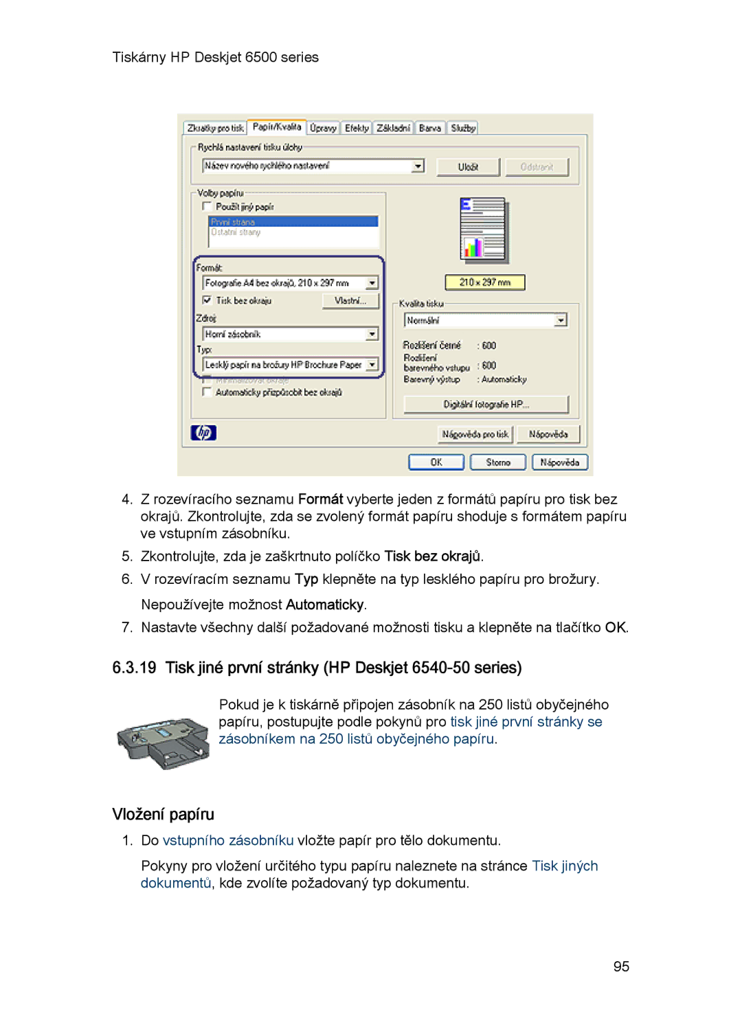HP manual Tisk jiné první stránky HP Deskjet 6540-50 series, Vložení papíru 