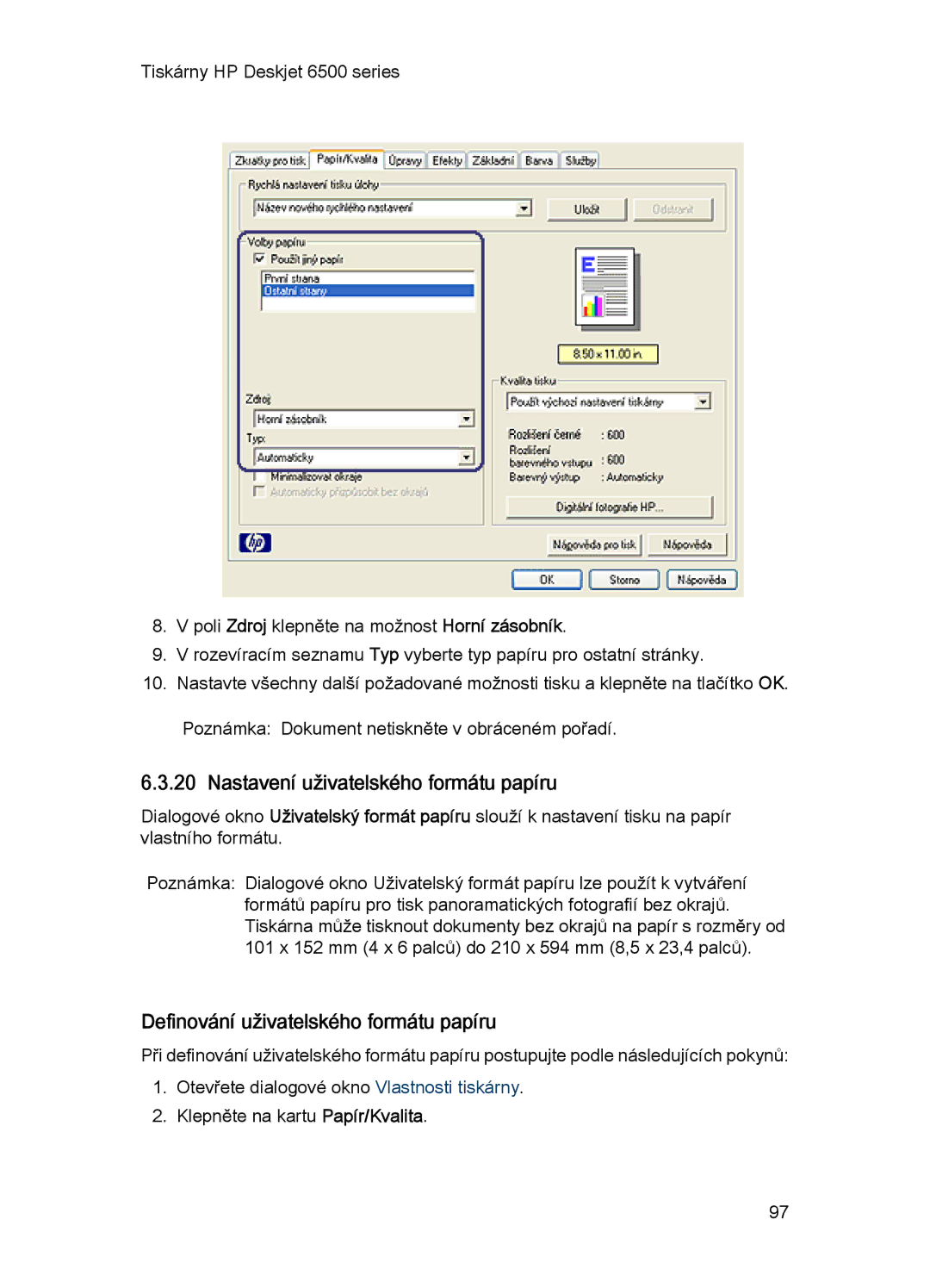 HP 6540-50 manual Nastavení uživatelského formátu papíru, Definování uživatelského formátu papíru 
