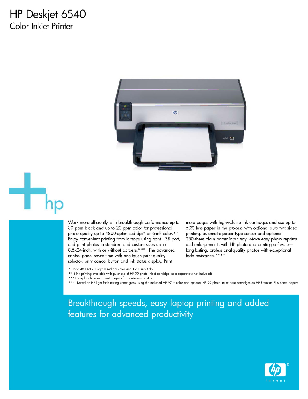 HP 6540 manual HP Deskjet, Color Inkjet Printer 