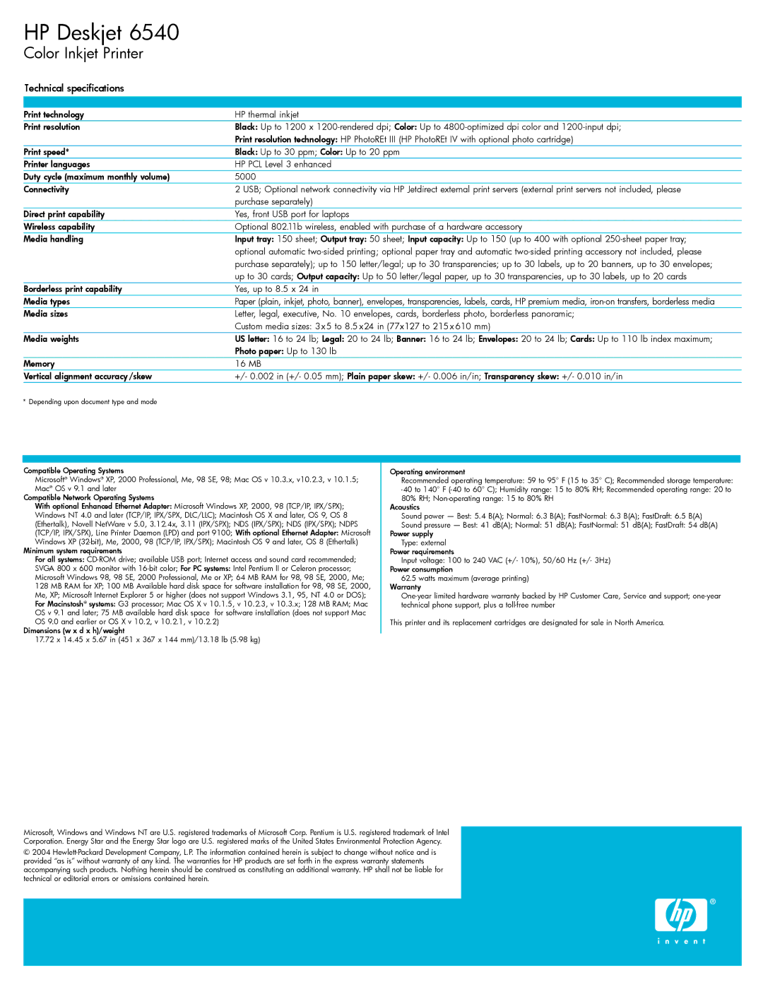 HP 6540 manual Technical specifications 