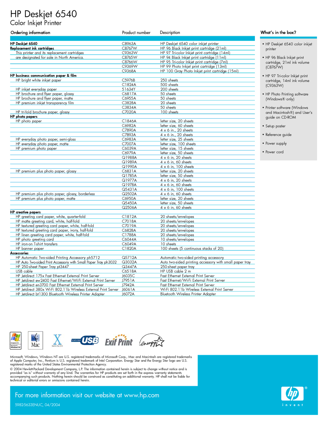 HP 6540 manual Ordering information Product number Description, What’s in the box? 