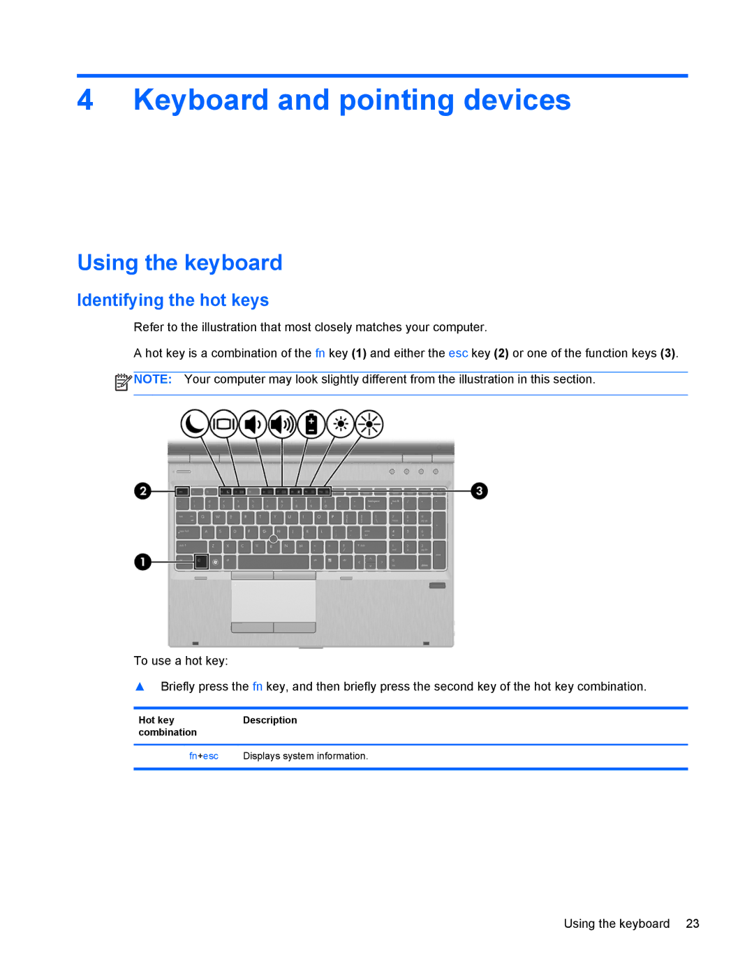 HP 6570b manual Keyboard and pointing devices, Using the keyboard, Identifying the hot keys 