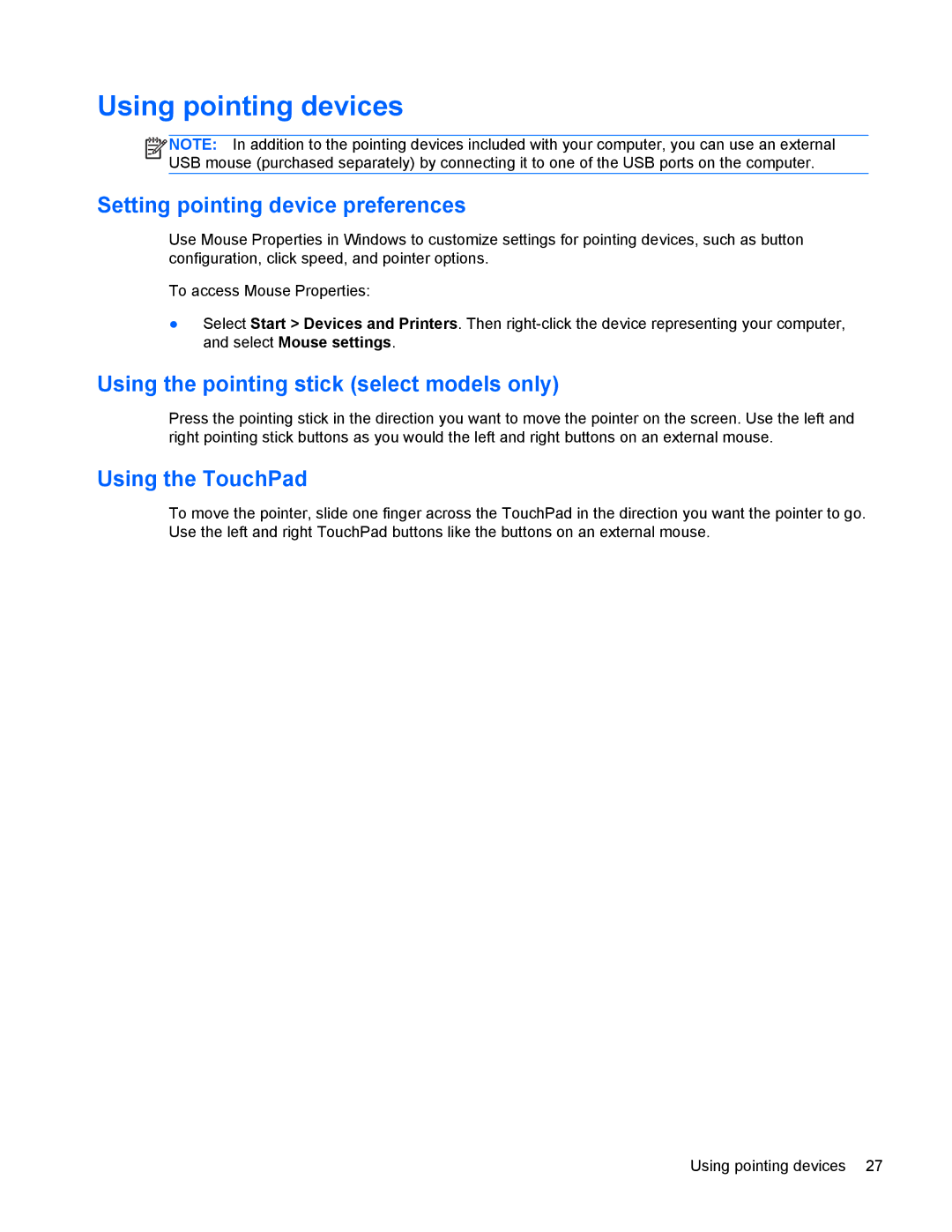 HP 6570b manual Using pointing devices, Setting pointing device preferences, Using the pointing stick select models only 