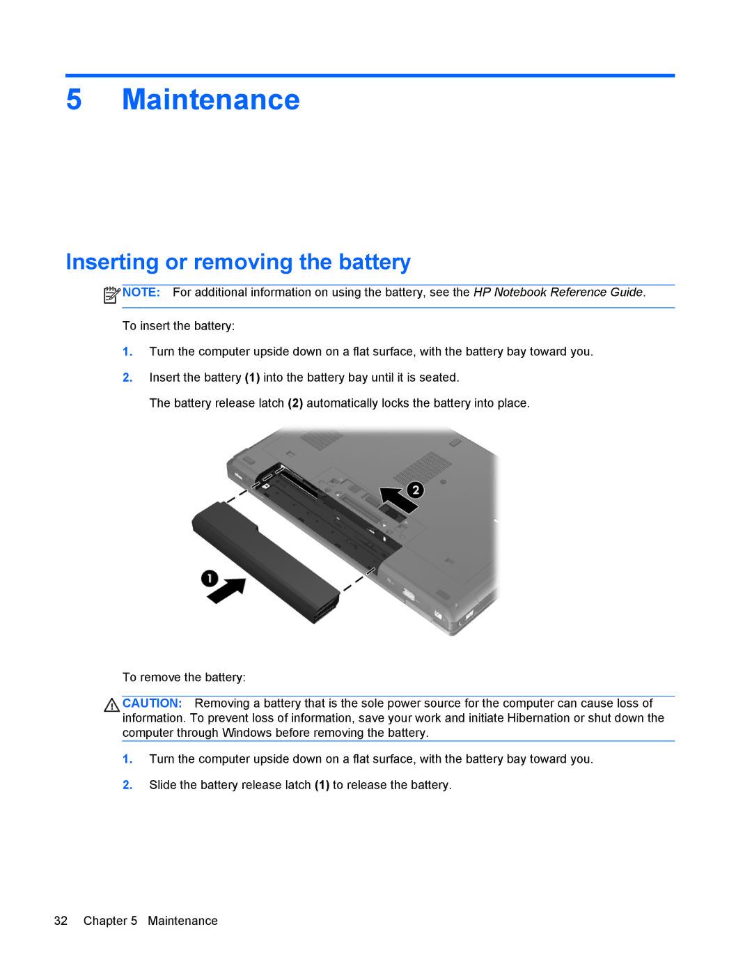 HP 6570b manual Maintenance, Inserting or removing the battery 