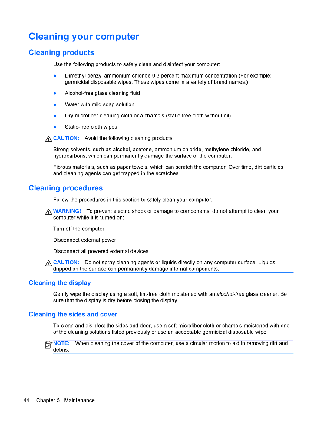 HP 6570b manual Cleaning your computer, Cleaning products, Cleaning procedures 