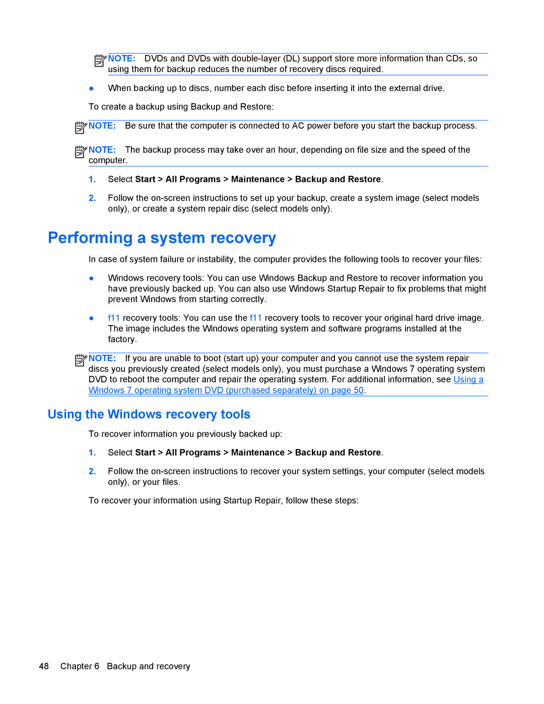 HP 6570b manual Performing a system recovery, Using the Windows recovery tools 