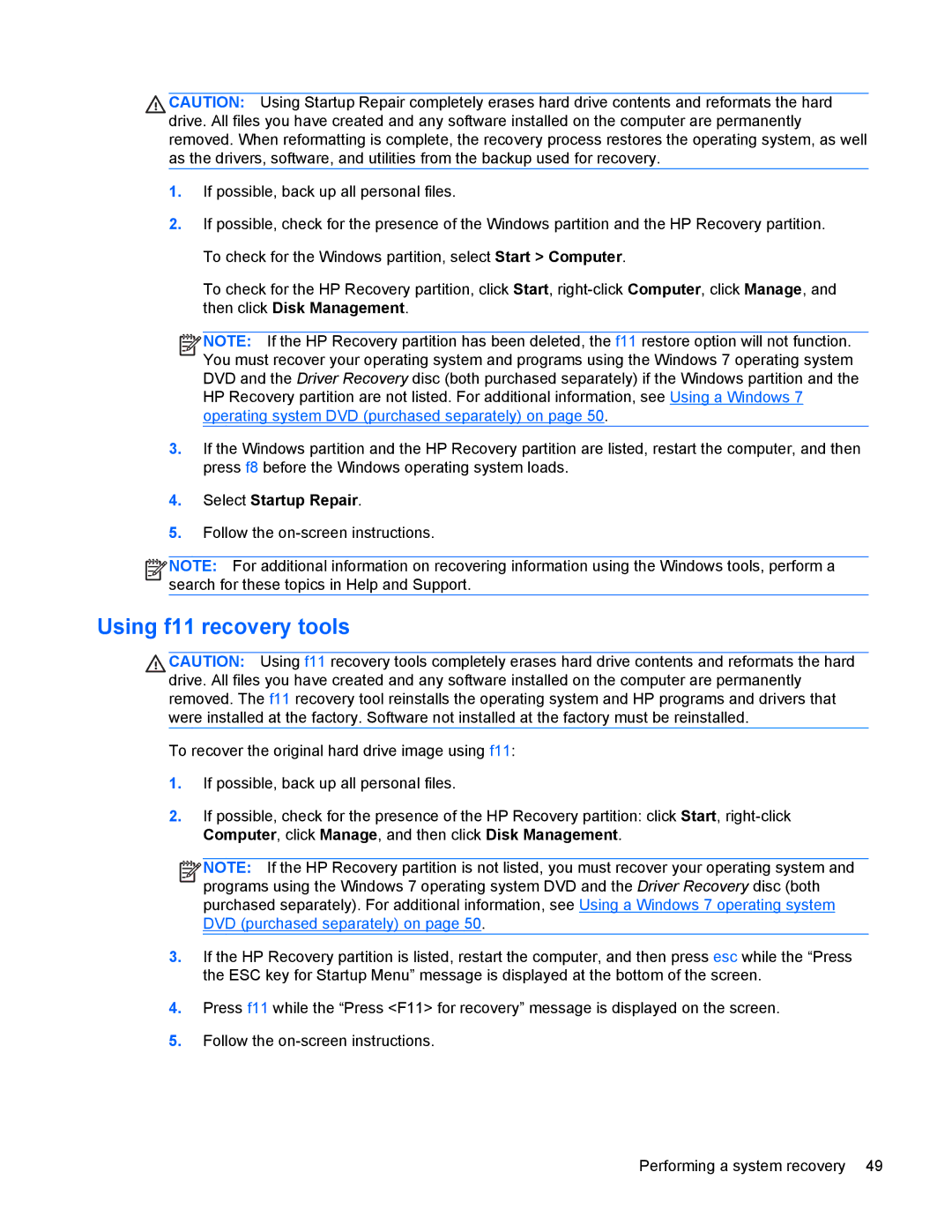 HP 6570b manual Using f11 recovery tools 
