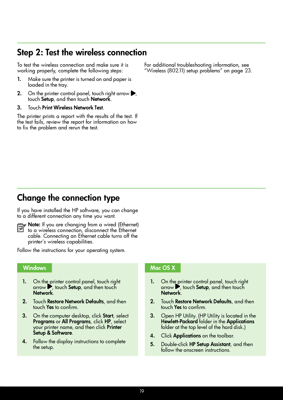 HP 6700 - H7, 6600 - H7 manual Test the wireless connection, Change the connection type, Windows, Mac OS 