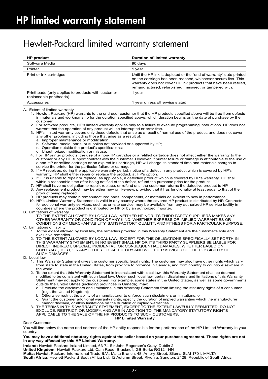 HP 6700 - H7, 6600 - H7 manual HP limited warranty statement, Hewlett-Packard limited warranty statement 