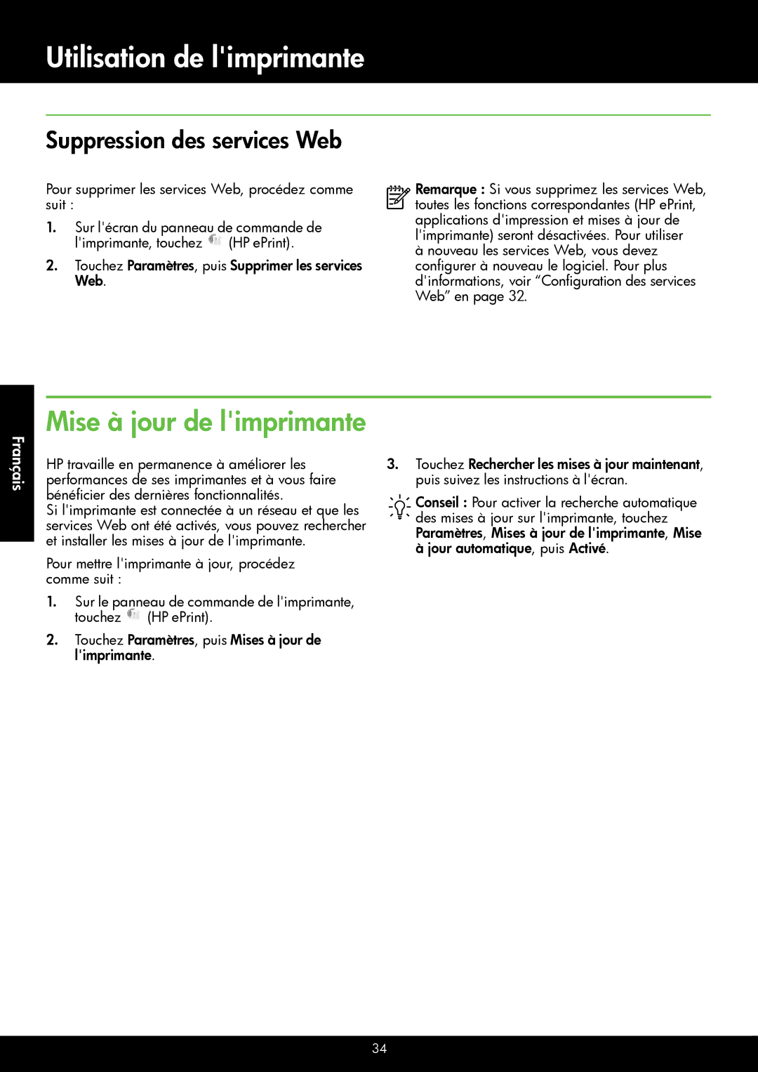 HP 6600 - H7, 6700 - H7 manual Mise à jour de limprimante, Suppression des services Web 