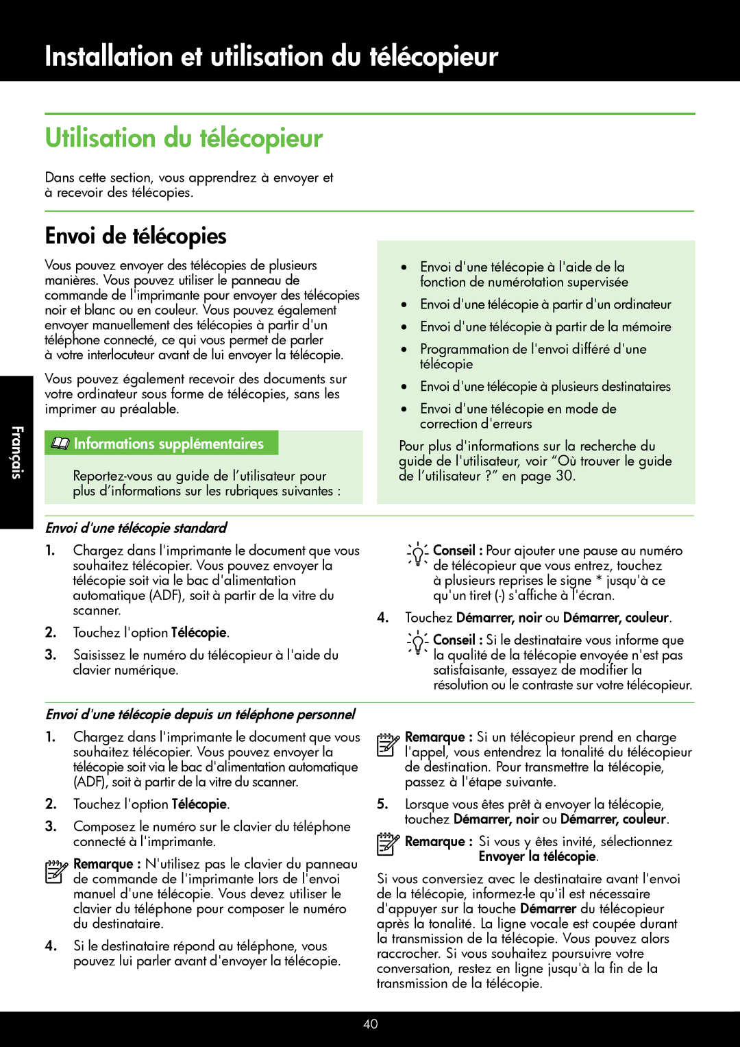 HP 6600 - H7, 6700 - H7 manual Utilisation du télécopieur, Envoi de télécopies, Envoi dune télécopie standard 