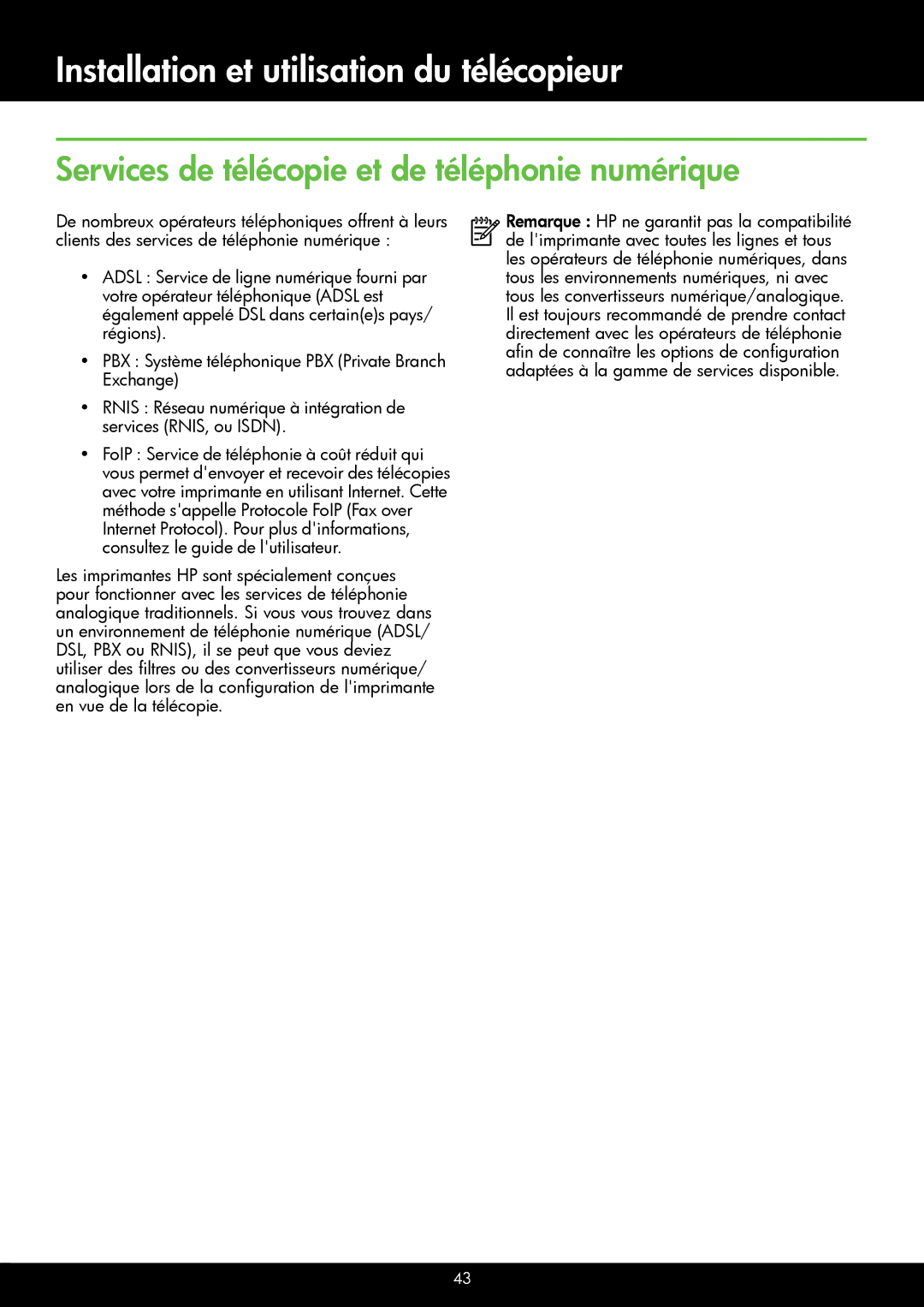 HP 6700 - H7, 6600 - H7 manual Services de télécopie et de téléphonie numérique 