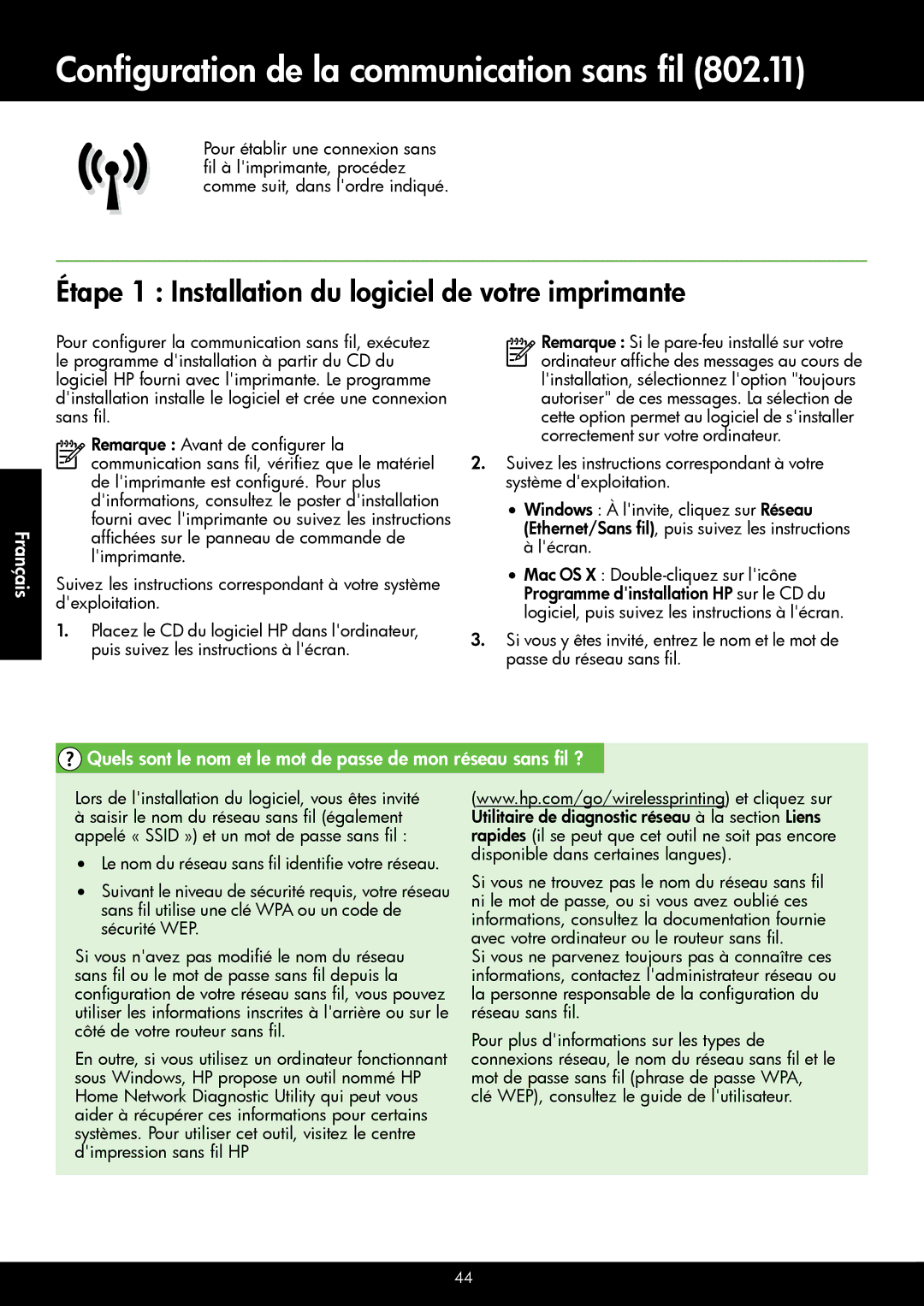 HP 6600 - H7, 6700 - H7 Configuration de la communication sans fil, Étape 1 Installation du logiciel de votre imprimante 