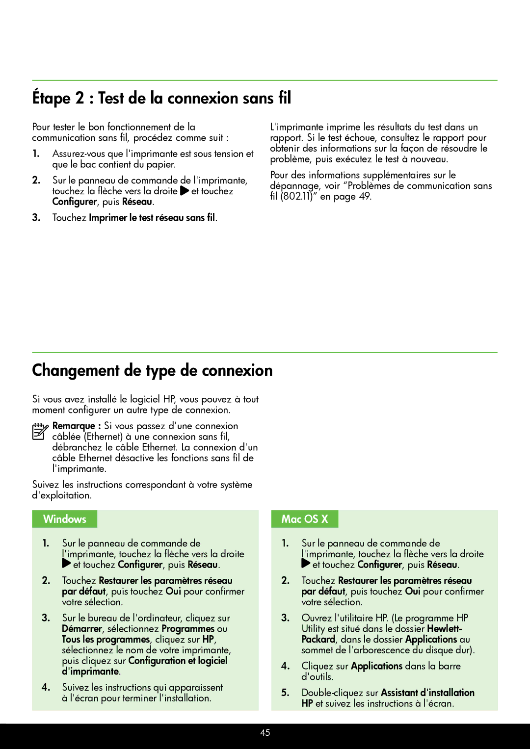 HP 6700 - H7, 6600 - H7 manual Étape 2 Test de la connexion sans fil, Changement de type de connexion 