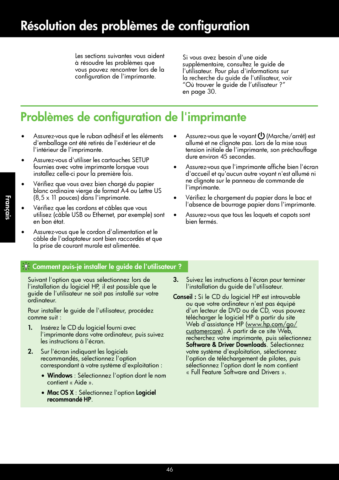 HP 6600 - H7, 6700 - H7 manual Résolution des problèmes de configuration, Problèmes de configuration de limprimante 