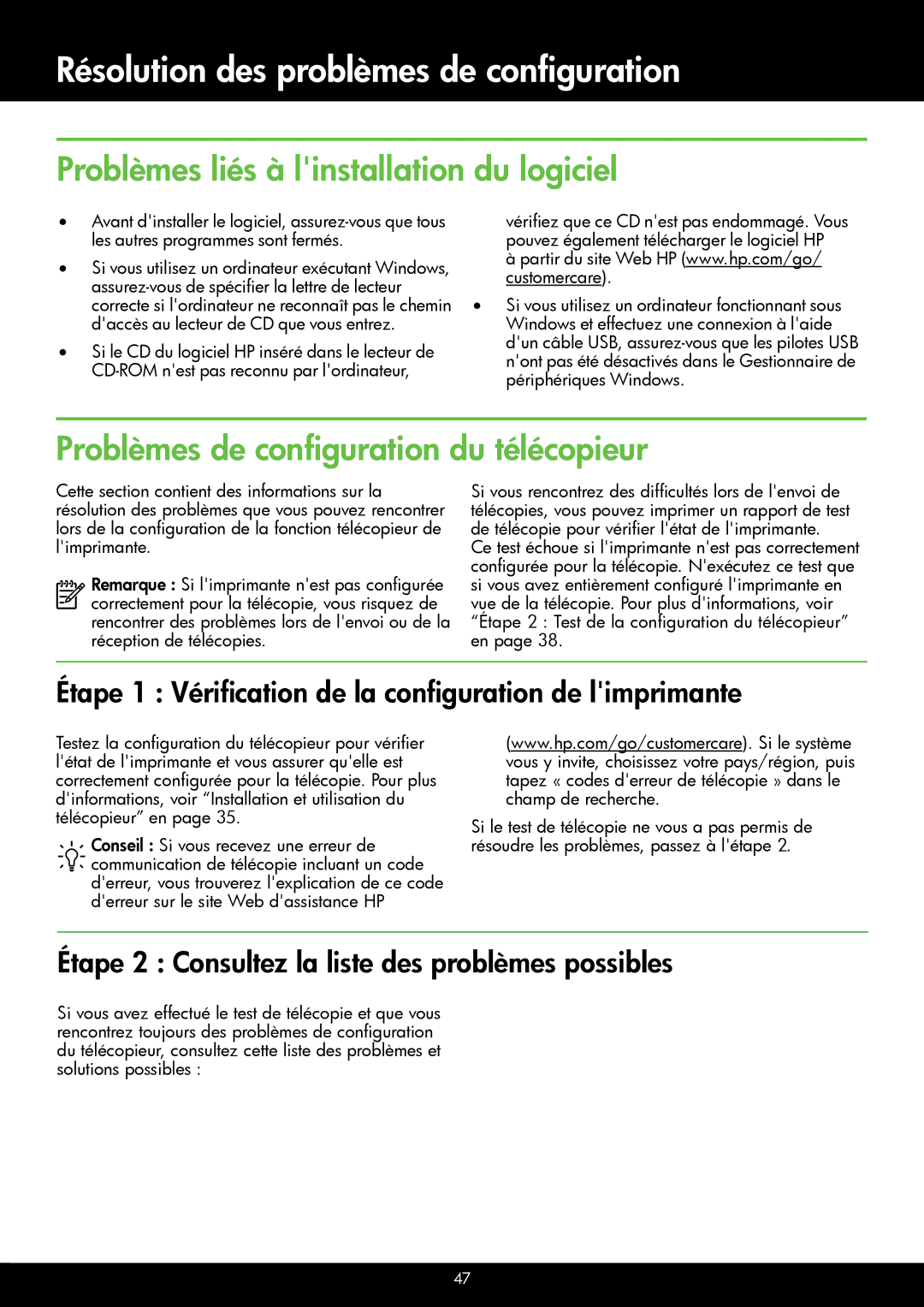 HP 6700 - H7, 6600 - H7 manual Problèmes liés à linstallation du logiciel, Problèmes de configuration du télécopieur 