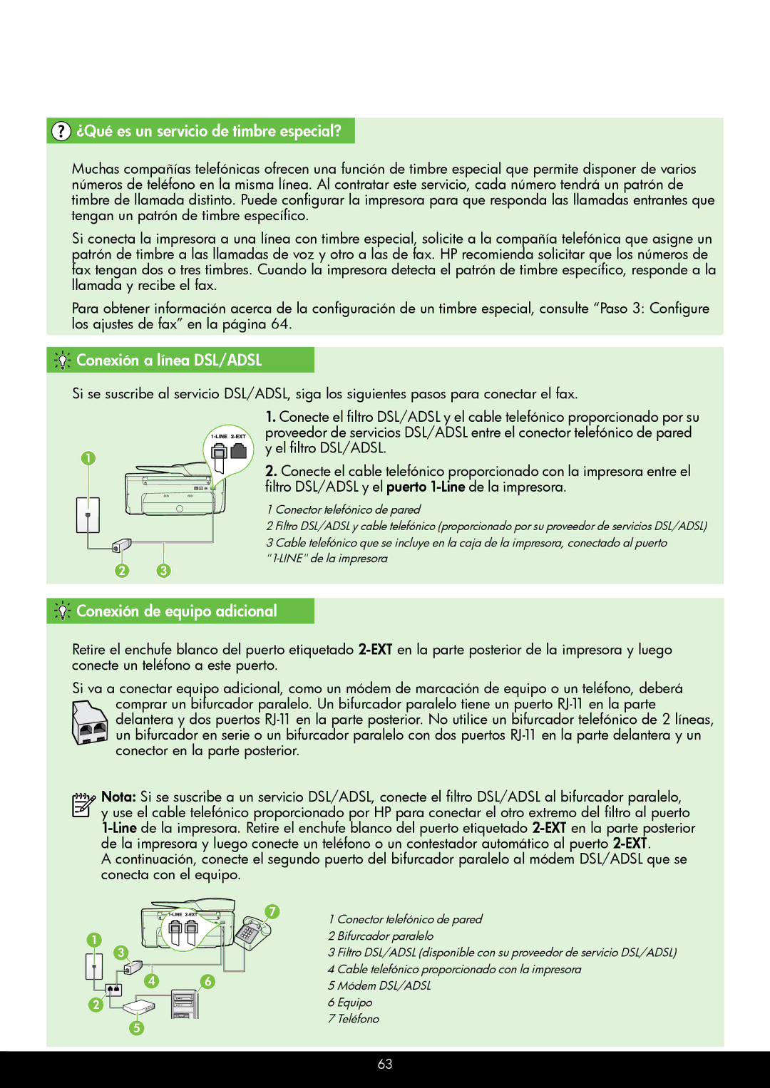 HP 6700 - H7, 6600 - H7 ¿Qué es un servicio de timbre especial?, Conexión a línea DSL/ADSL, Conexión de equipo adicional 